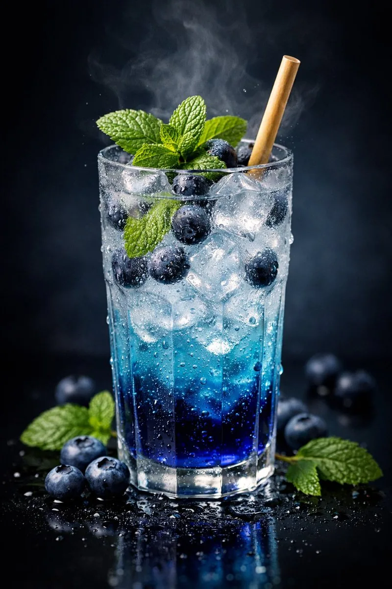 Premium Studio Shot of Blueberry Mint Iced Drink - Nano Banana Pro AI Prompt for Product Marketing reference