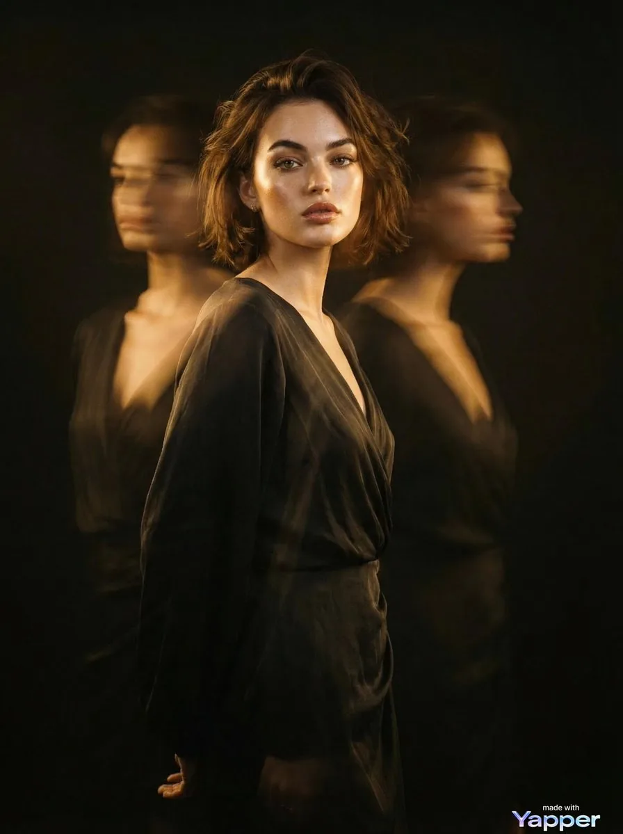 Cinematic Fashion Portrait with Motion Blur Ghost Figures reference