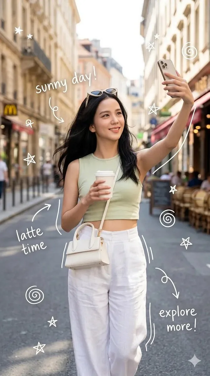 European Street Selfie with Doodles - Nano Banana Pro AI Prompt for Social Media Post reference