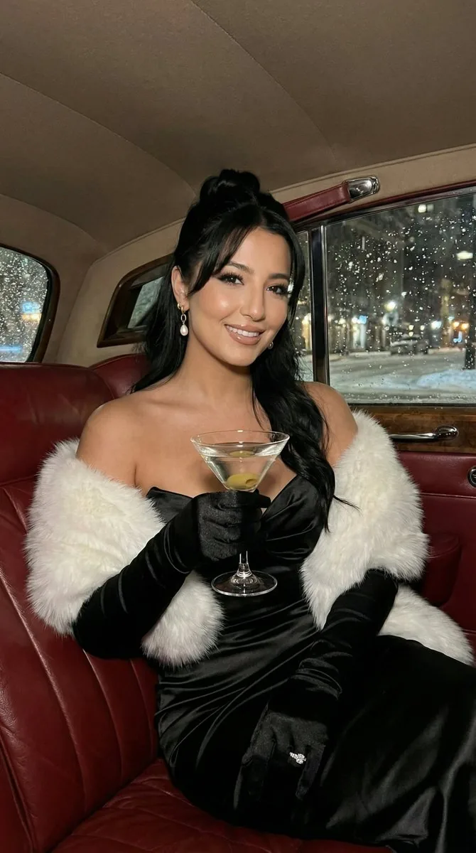 Glamorous Vintage Martini Portrait in a Snowing Car - Nano Banana Pro AI Prompt for Social Media Post reference