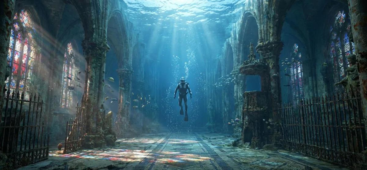 Cinematic rainy street, underwater cathedral, and design-to-photo reference