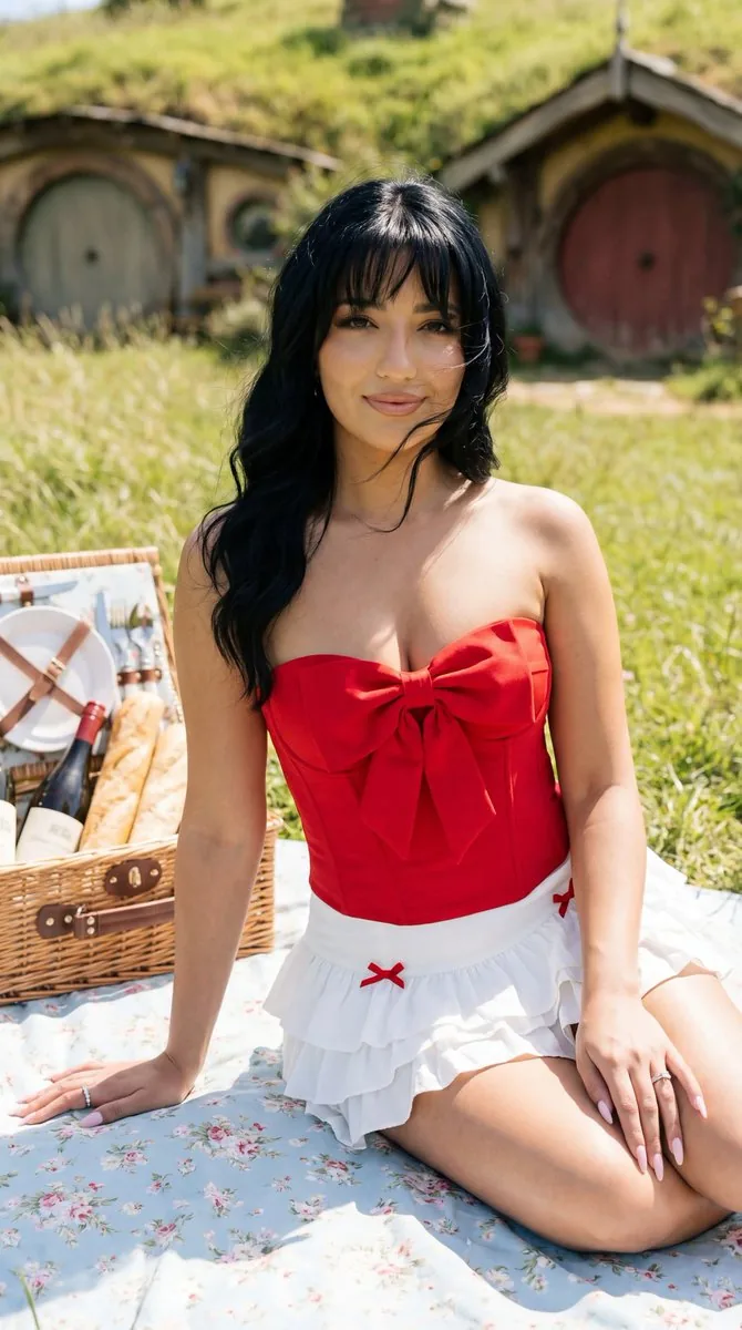 Photoreal Picnic Portrait near Hobbit Cottages - Nano Banana Pro AI Prompt for Social Media Post reference
