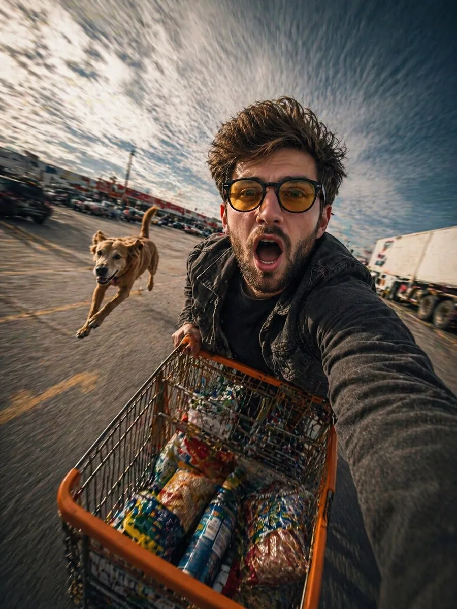 Realistic Action Selfie with Shopping Cart reference