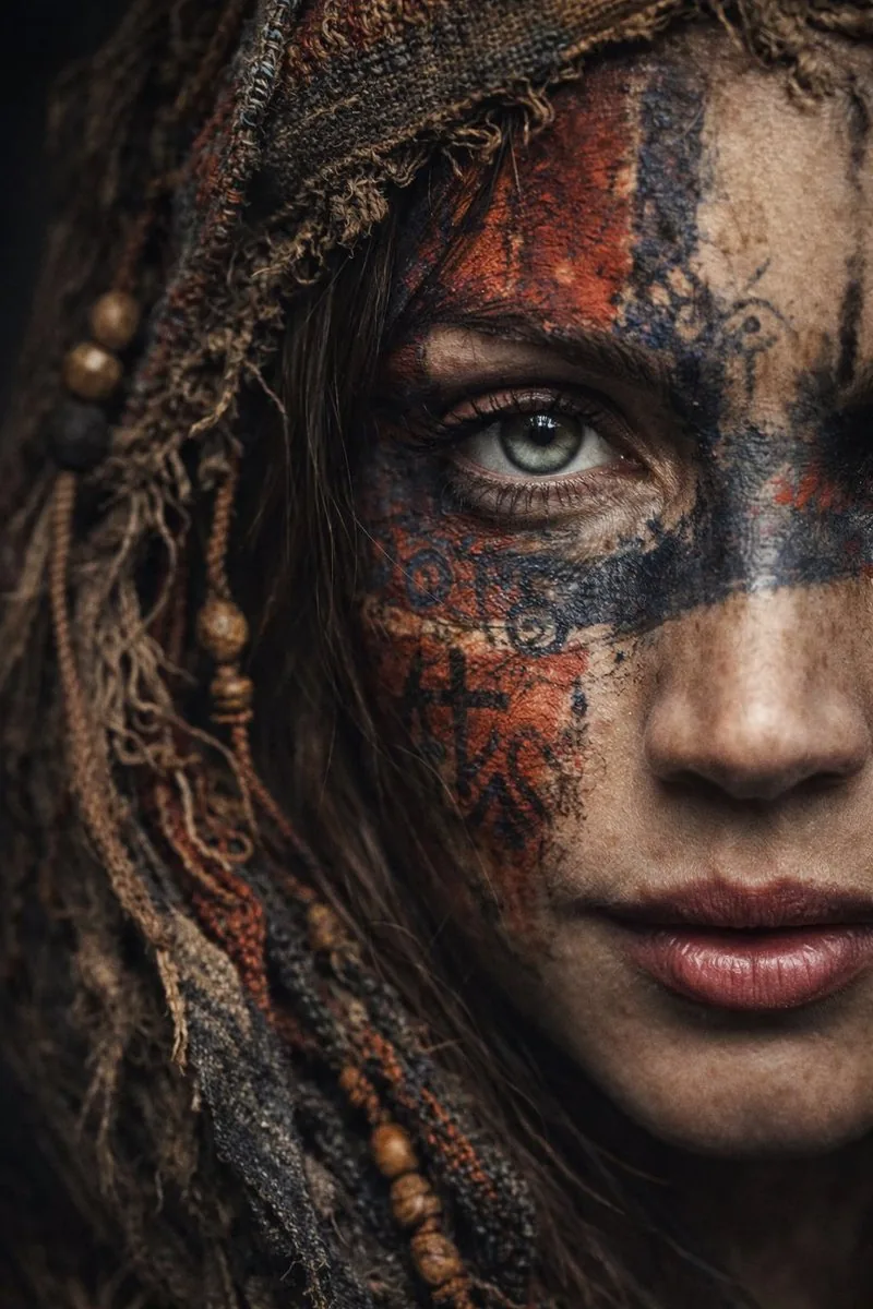 Ultra-Realistic Portrait with Tribal Markings and Painterly Realism reference