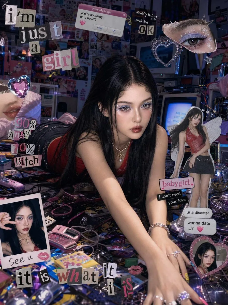 Chaotic Y2K Cyber-Pop Editorial Portrait reference