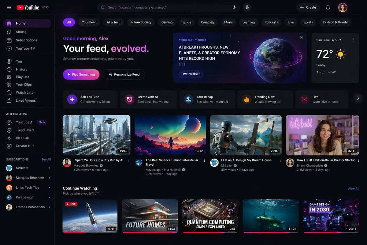 YouTube 2030 Interface reference