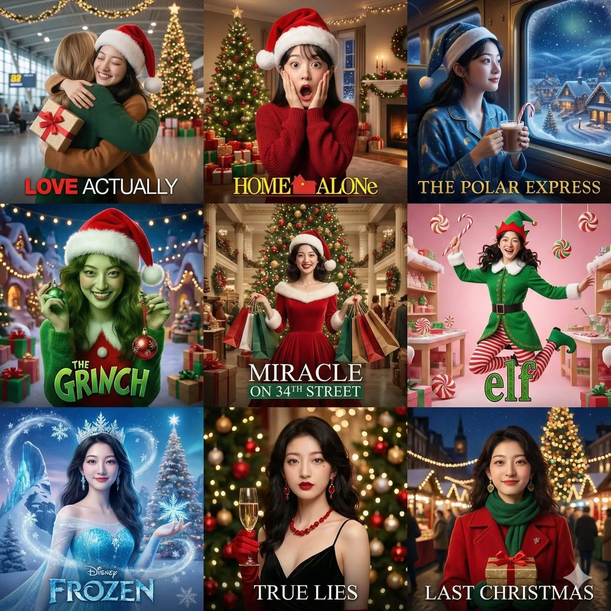 9-Panel Christmas Movie Scene Collage Prompt reference