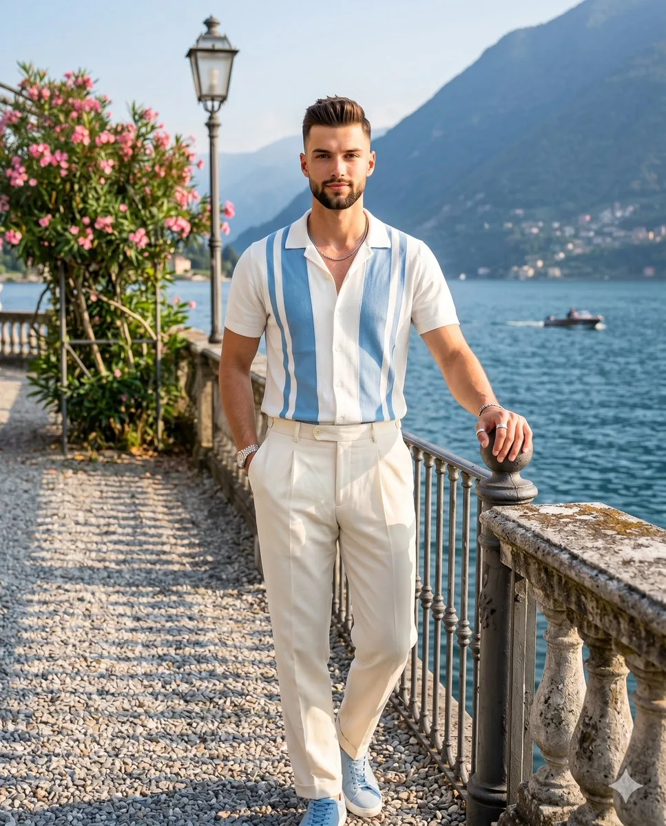 Athletic Man Lakeside Resort Wear Portrait - Nano Banana Pro AI Prompt for Social Media Post reference