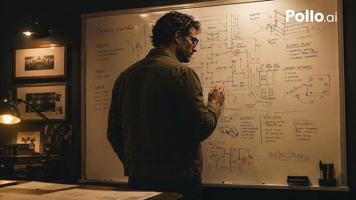 Cinematic Heist Mastermind at Whiteboard reference