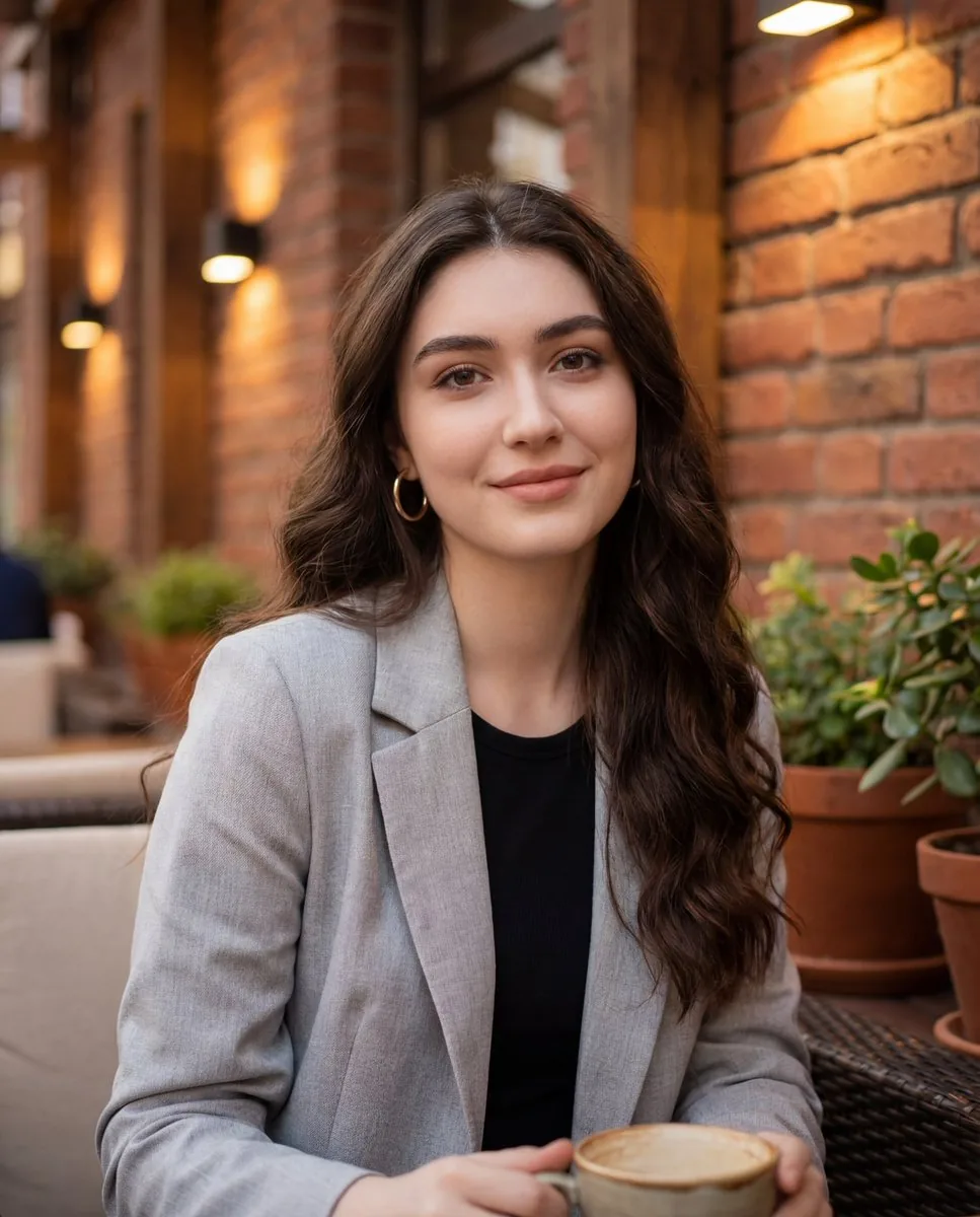 Casual Lifestyle Portrait in an Urban Outdoor Café - Nano Banana Pro AI Prompt for Social Media Post reference
