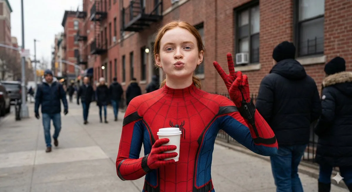Ultra Photorealistic Spider-Girl Candid Portrait (Sadie Sink Likeness) - Nano Banana Pro AI Prompt for Social Media Post reference