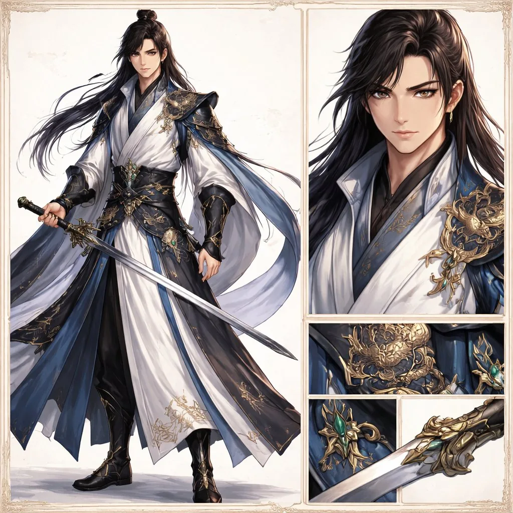 Elegant Wuxia Swordsman Design Sheet reference