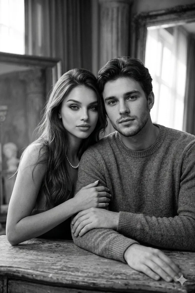 Cinematic Monochrome Couple Portrait - Nano Banana Pro AI Prompt for Social Media Post reference