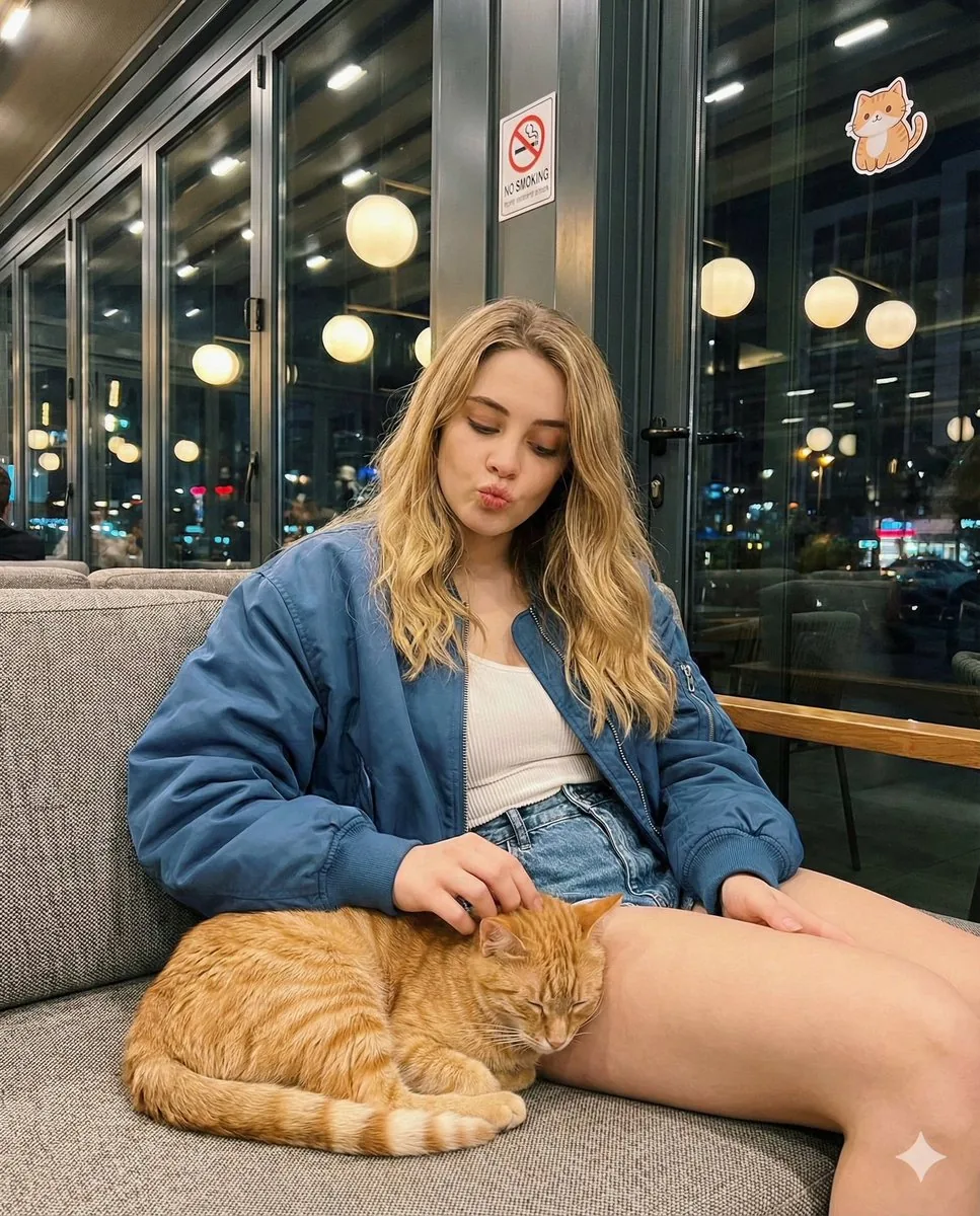 Candid cafe snapshot with a cat - Nano Banana Pro AI Prompt for Social Media Post reference