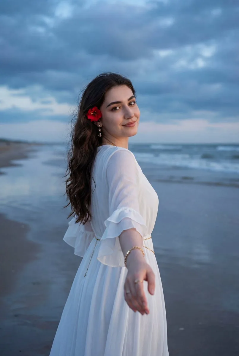 Ethereal Coastal Lifestyle Portrait at Blue Hour - Nano Banana Pro AI Prompt for Social Media Post reference