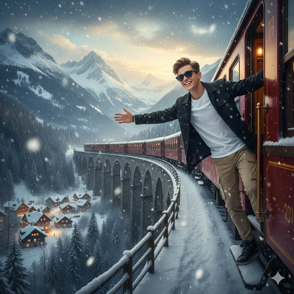 8K Cinematic Winter Adventure Photo on a Vintage Train - Nano Banana Pro AI Prompt for Social Media Post reference
