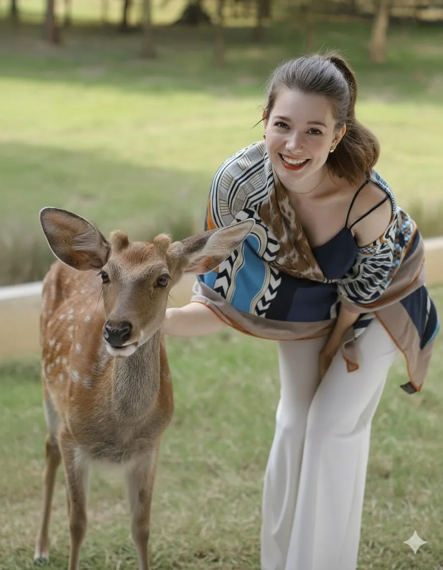 Photorealistic portrait of a woman feeding a fallow deer - Nano Banana Pro AI Prompt for Social Media Post reference