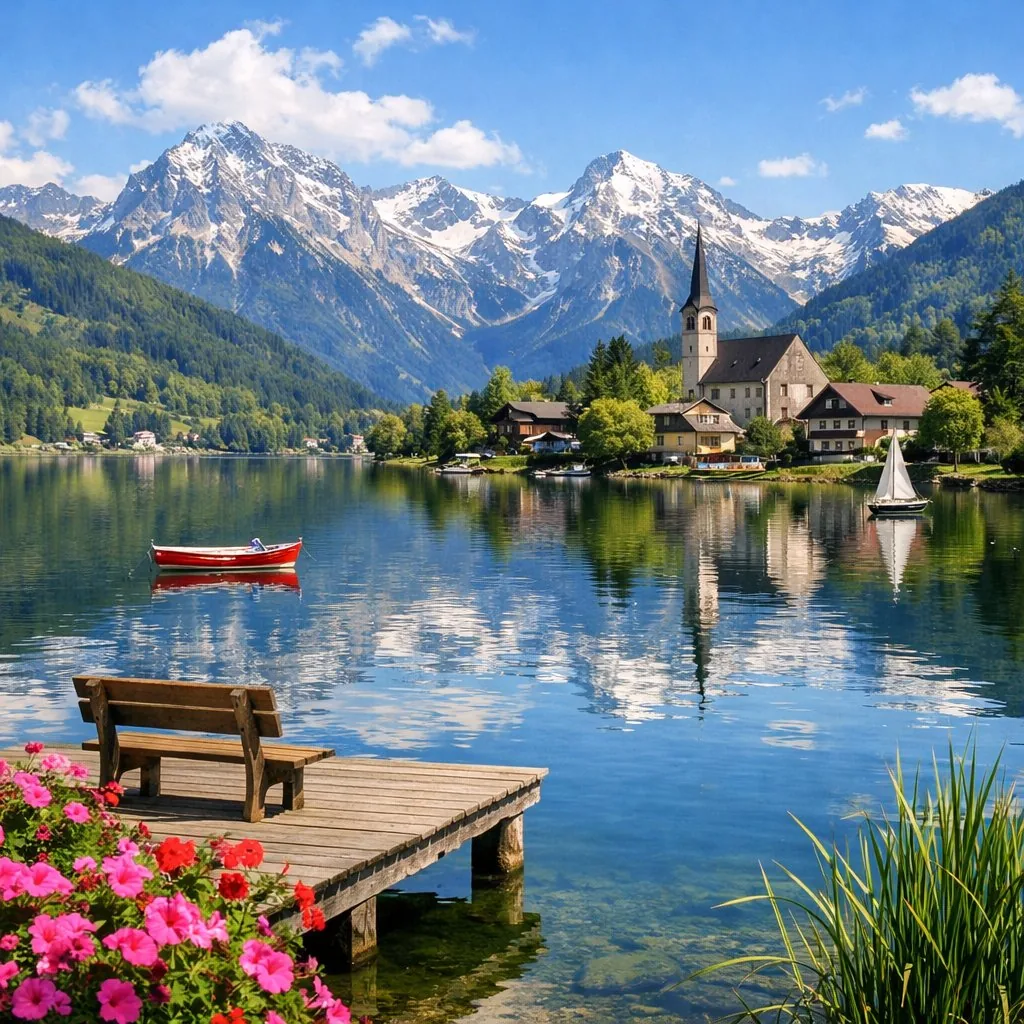 Idyllic Alpine Lake Village Landscape reference