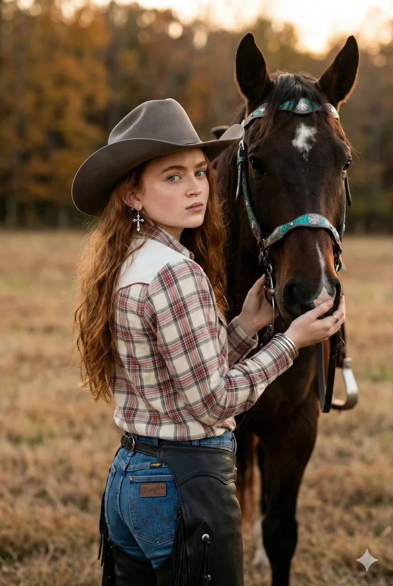 Rustic Cowgirl Portrait with Horse - Nano Banana Pro AI Prompt for Product Marketing reference