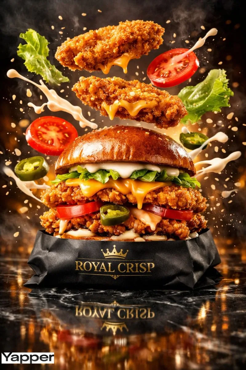 Luxury Chicken Burger Ingredient Explosion Commercial - Nano Banana Pro AI Prompt for Product Marketing reference