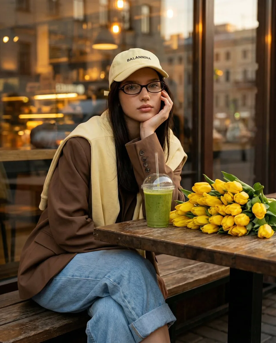 Stylish Street Cafe Portrait with Layered Outfit reference