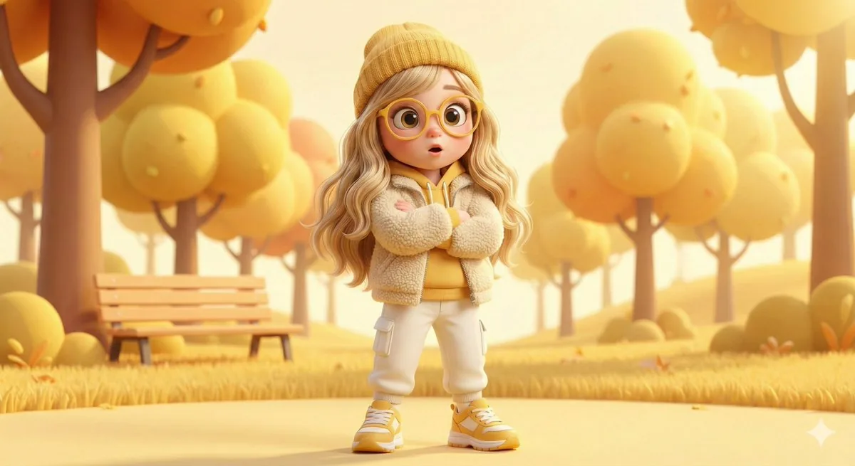 Pixar-style 3D character of a cheerful girl in yellow reference