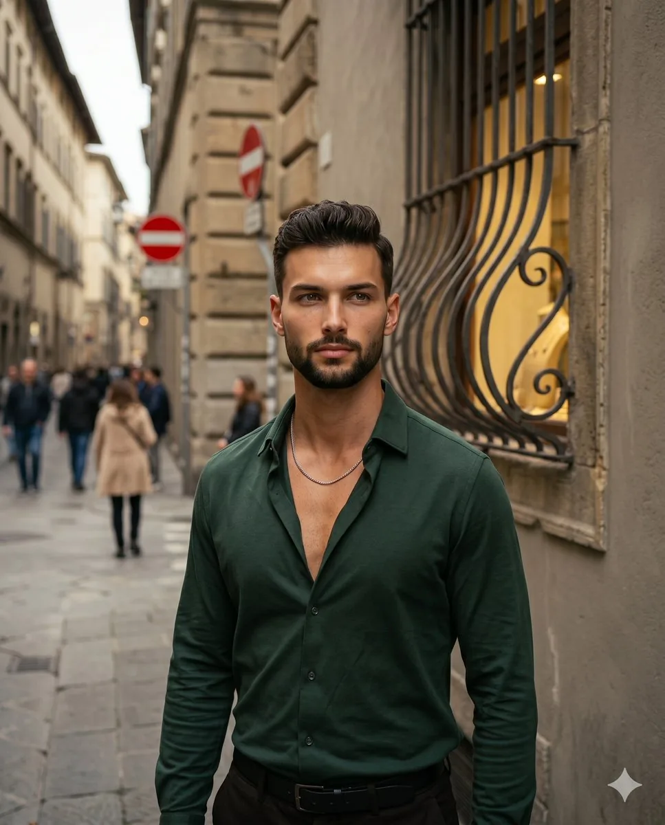Male Fashion Portrait in European Street - Nano Banana Pro AI Prompt for Social Media Post reference