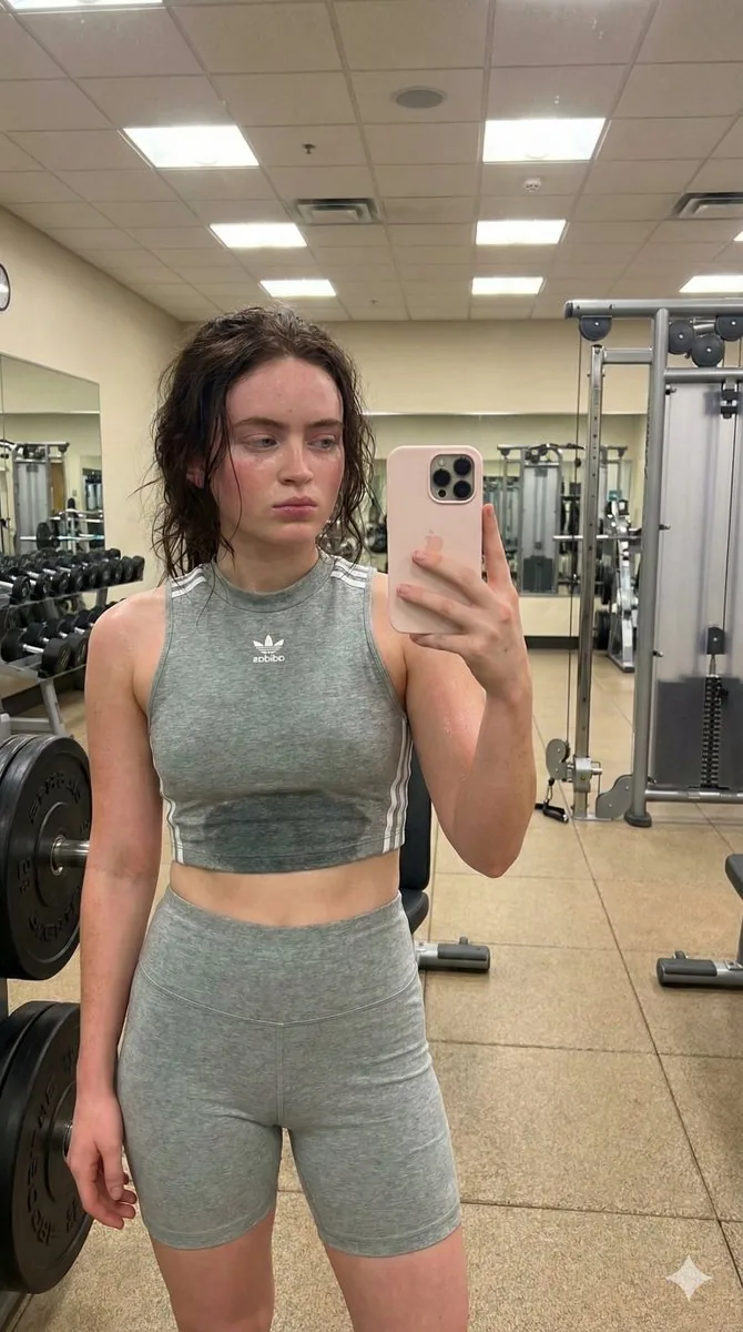 Sadie Sink Gym Mirror Selfie Photorealism - Nano Banana Pro AI Prompt for Social Media Post reference