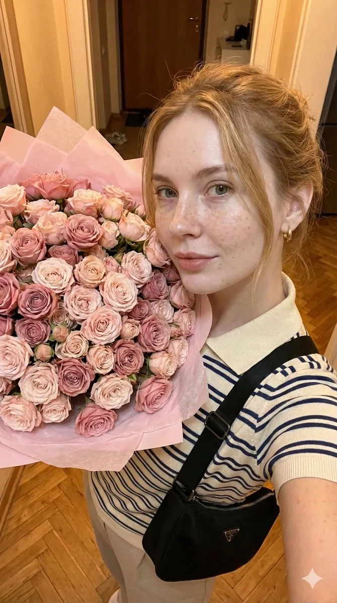 Golden Hour Selfie with Massive Rose Bouquet - Nano Banana Pro AI Prompt for Social Media Post reference