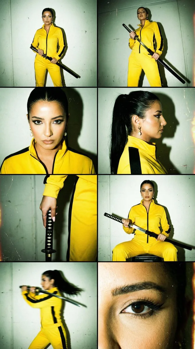 16mm Grindhouse Editorial Grid (Kill Bill Vibe) - Nano Banana Pro AI Prompt for Product Marketing reference