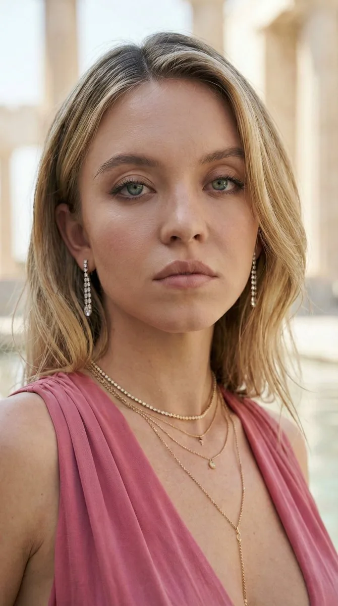 Sydney Sweeney Grecian-Style Editorial - Nano Banana Pro AI Prompt for Product Marketing reference