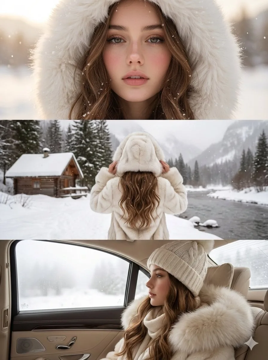 High-Quality Vertical Collage of a Young Woman in Luxury Winter Style - Nano Banana Pro AI Prompt for Social Media Post reference