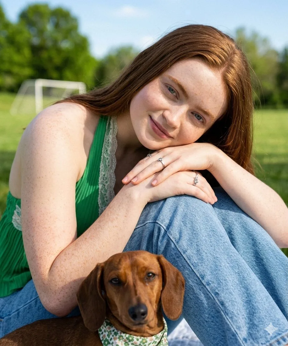 Sadie Sink Lookalike with Dachshund in Park - Nano Banana Pro AI Prompt for Social Media Post reference