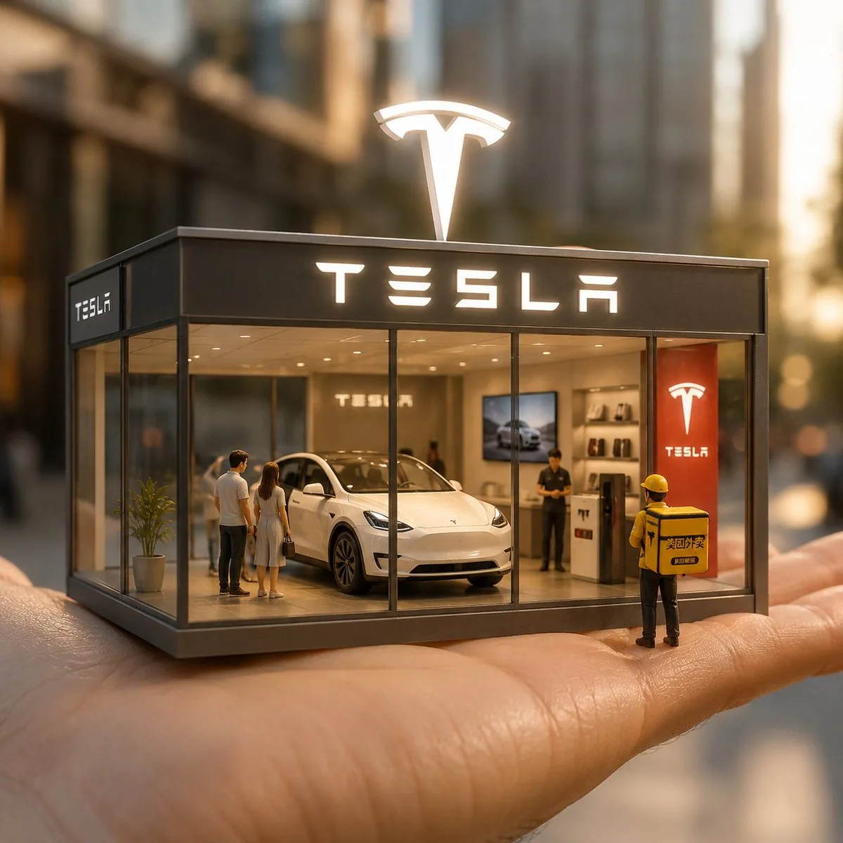 Surreal Miniature Tesla Showroom reference