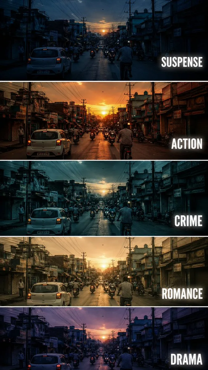 Cinematic Film Genre Color Grading Comparison reference