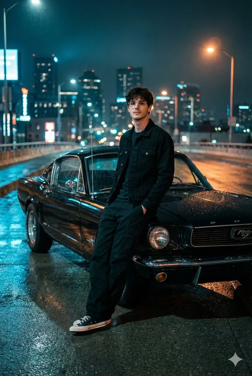 Cinematic Night Photo with 1960s Mustang reference