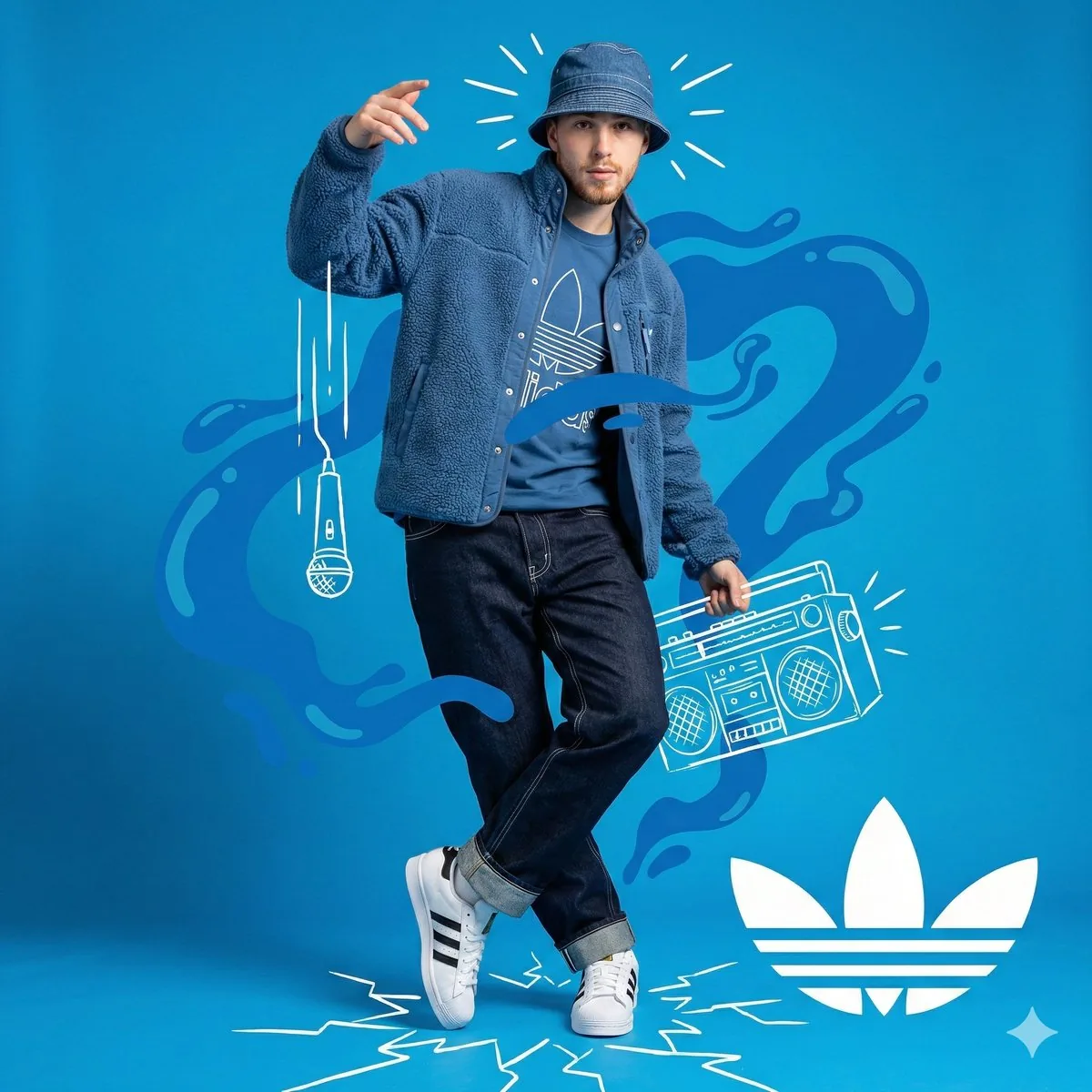 Blue Adidas Streetwear Composite Portrait Prompt (Nano Banana Pro) - Nano Banana Pro AI Prompt for Social Media Post reference