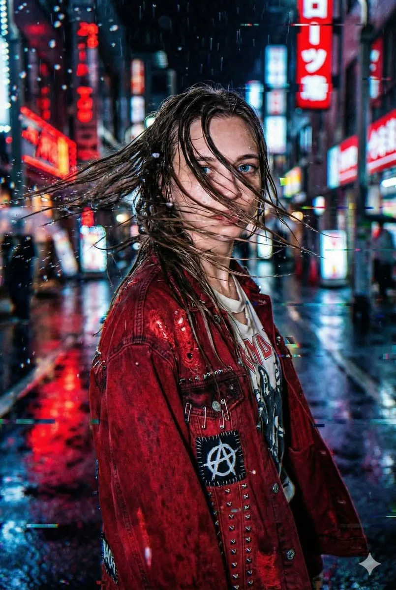 Neo-Tokyo Street Style Portrait Prompt with Glitch Effects reference