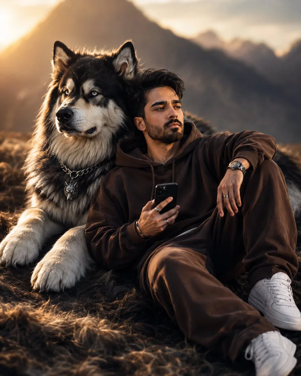 Cinematic Man and Giant Wolf Companion - Nano Banana Pro AI Prompt for Social Media Post reference