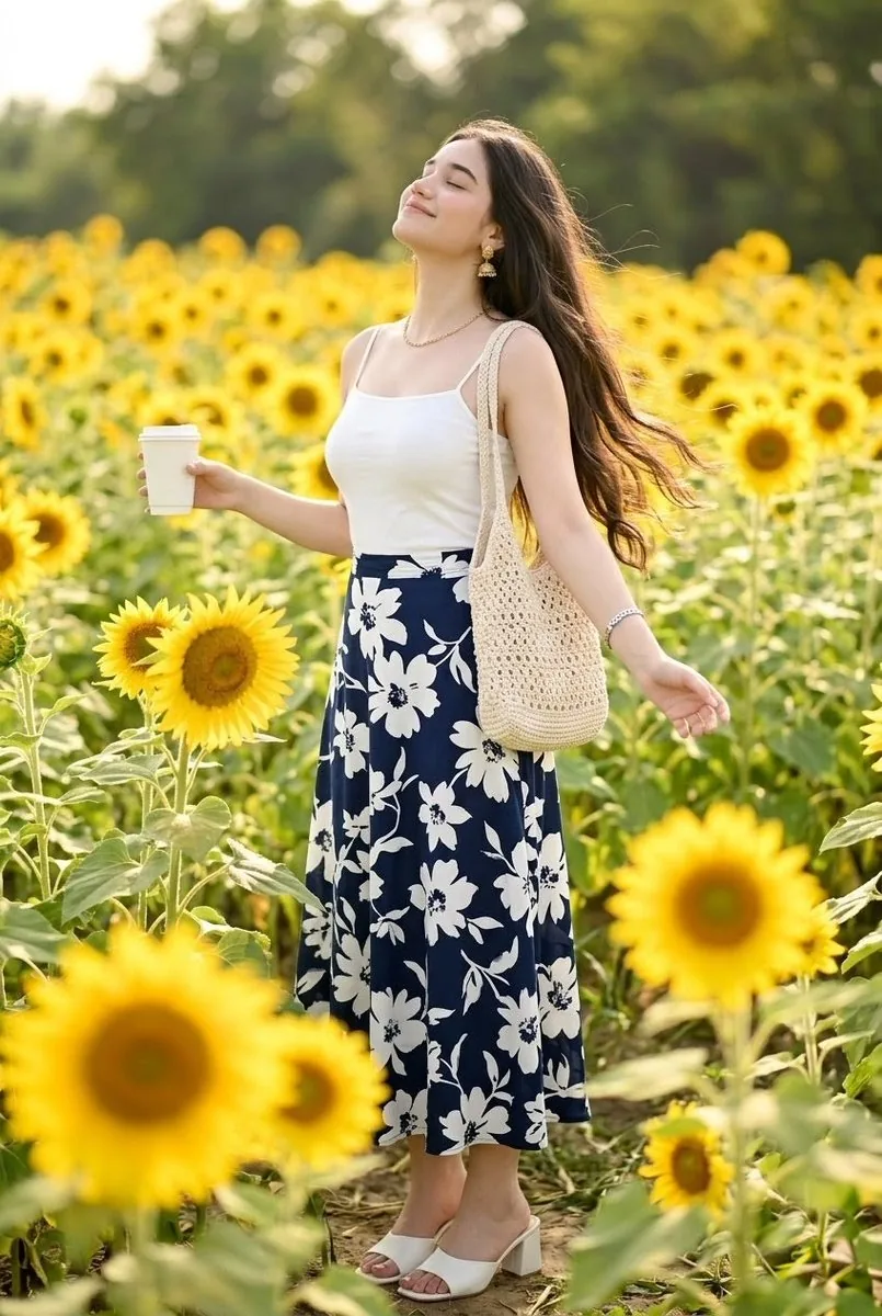 Woman in Sunflower Field Fashion Photo reference