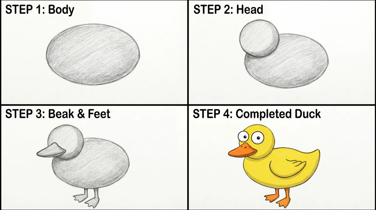 Four-Panel Guide for Drawing a Cartoon Duck reference