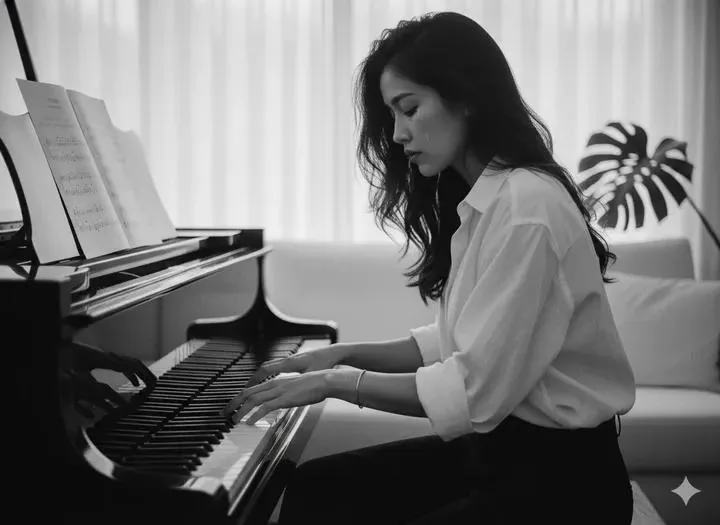 Cinematic Black and White Piano Scene reference