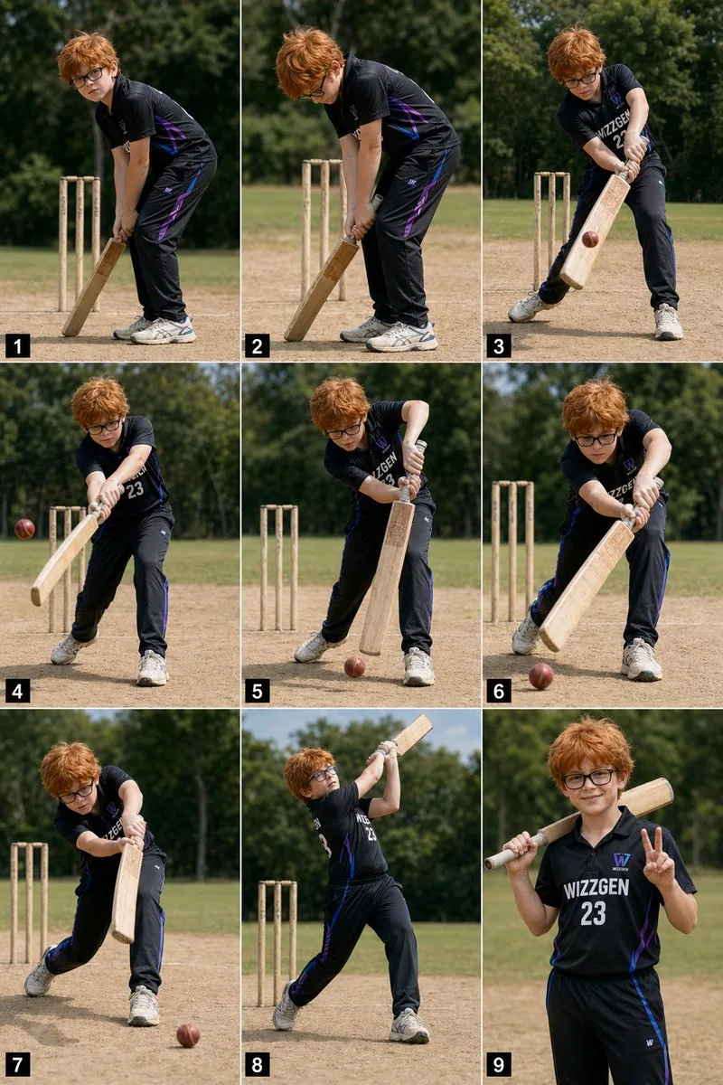 9-Panel Boy Cricket Action Collage reference