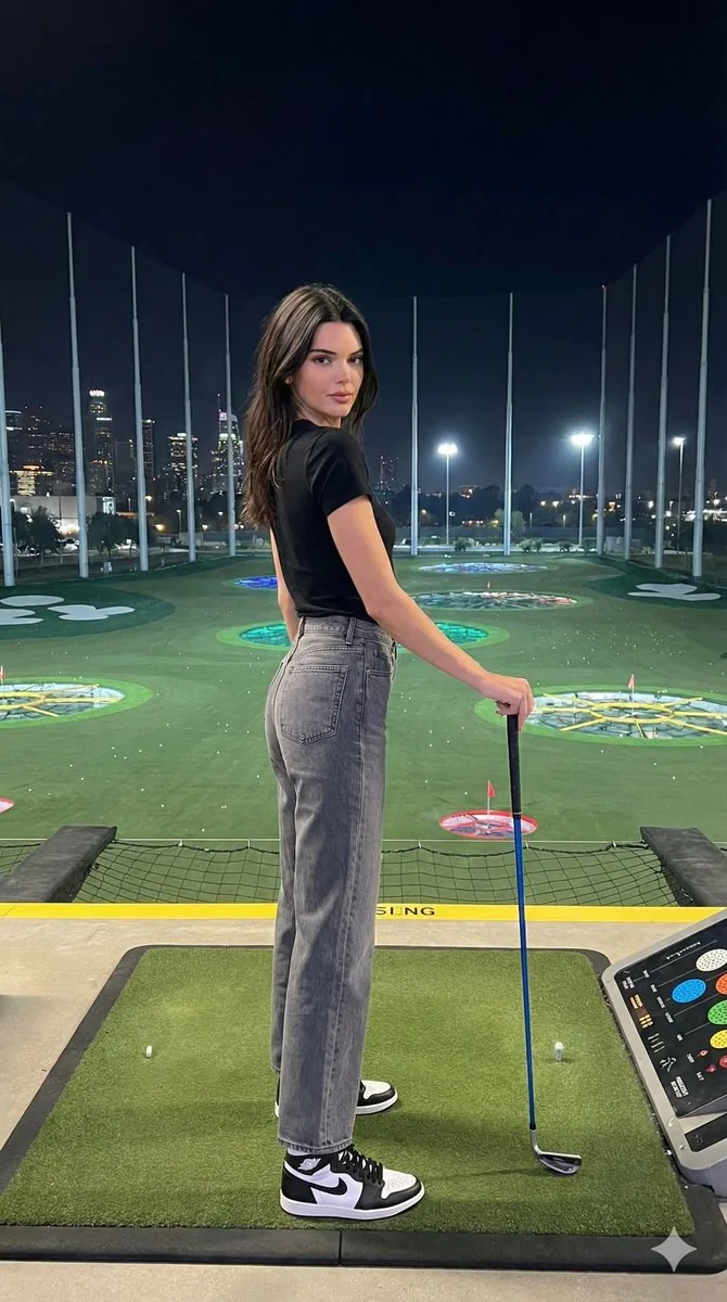 Fashion editorial of Kendall Jenner at a luxury night golf range - Nano Banana Pro AI Prompt for Social Media Post reference