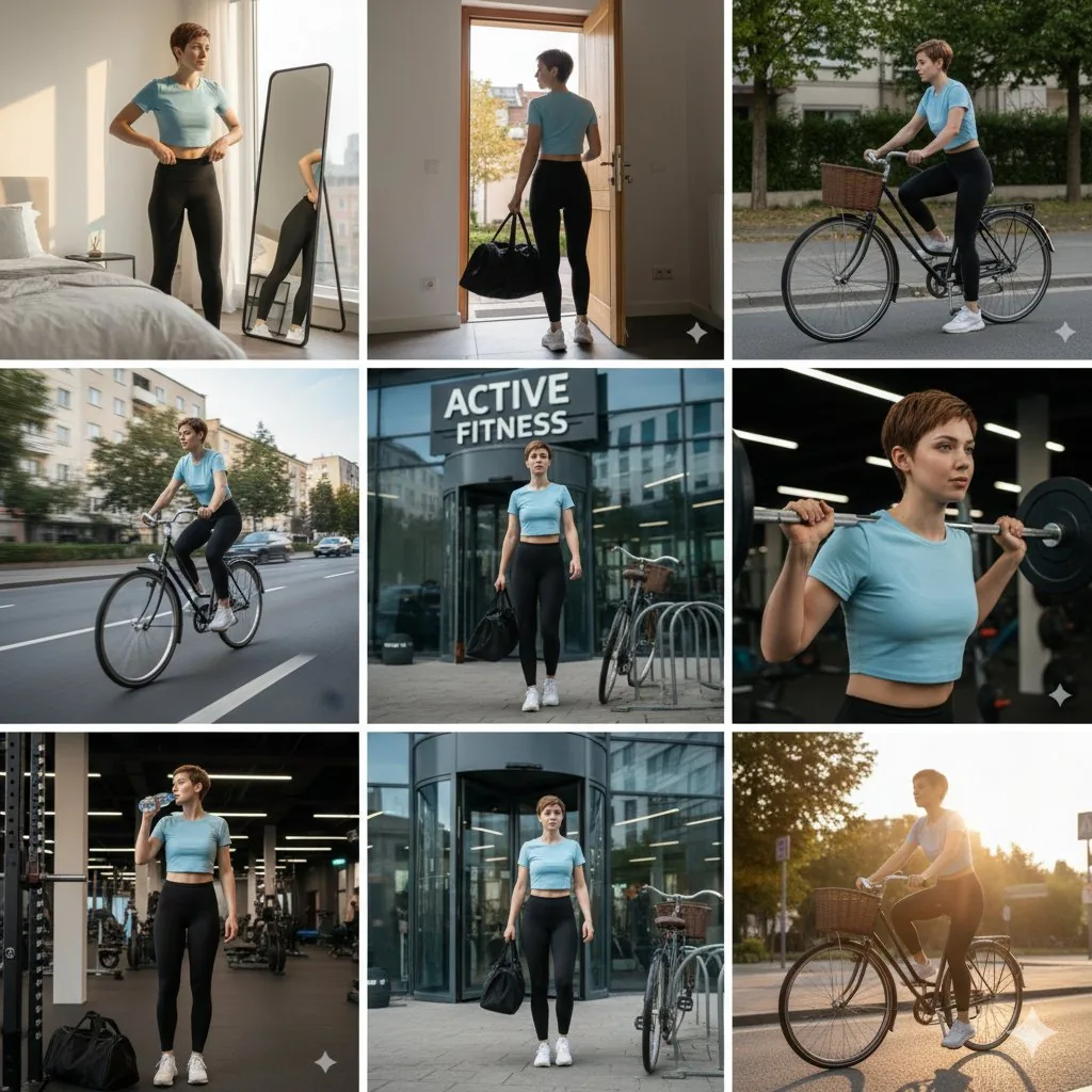 Ultra-realistic cinematic 9-photo collage of a gym girl's fitness journey - Nano Banana Pro AI Prompt for Social Media Post reference