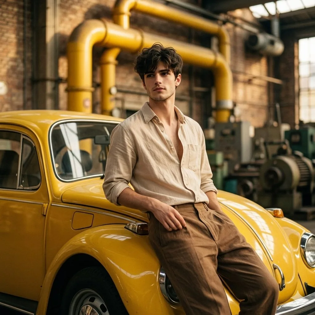 Vintage Car Portrait in Industrial Setting reference