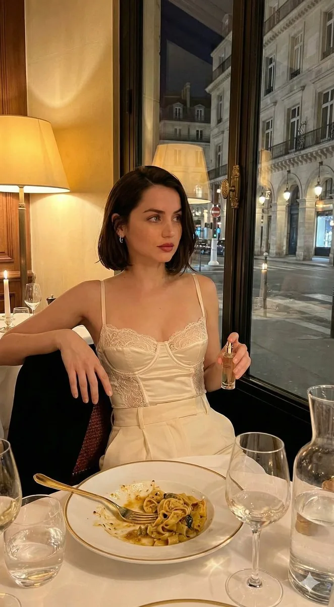 Cinematic Fashion Editorial of Ana De Armas at Night - Nano Banana Pro AI Prompt for Social Media Post reference