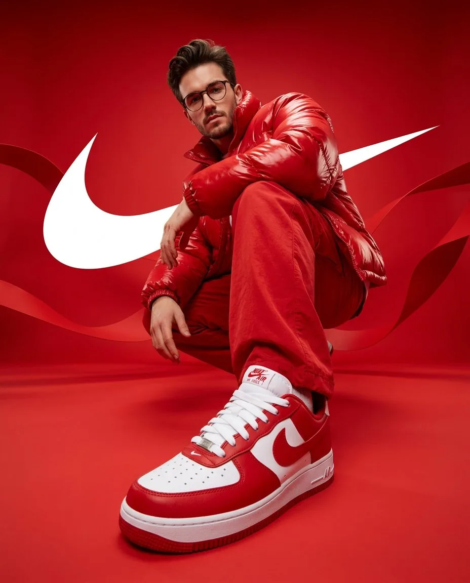 Streetwear Portrait in Red Puffer Jacket - Nano Banana Pro AI Prompt for Product Marketing reference