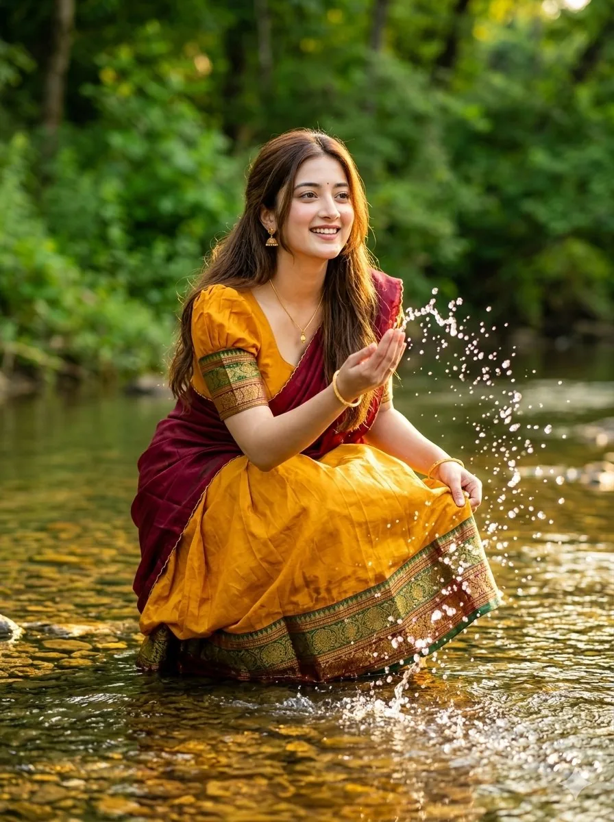 Joyful Forest River Saree Portrait - Nano Banana Pro AI Prompt for Social Media Post reference