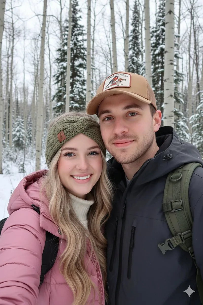 Winter Hiking Couple Selfie JSON Prompt - Nano Banana Pro AI Prompt for Social Media Post reference